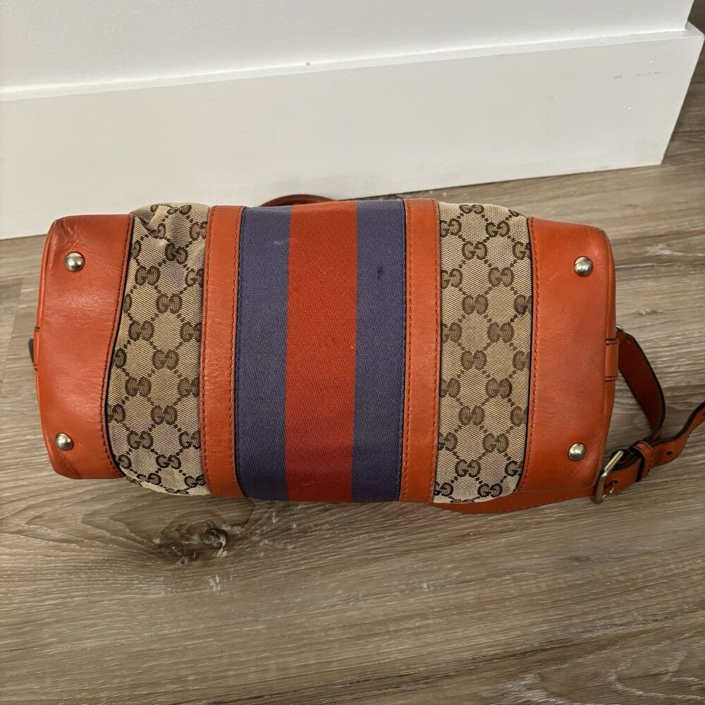 GUCCI Purse Monogram Vintage Web Small Boston Orange Blue Shoulder Bag Rare - Picture 9 of 16